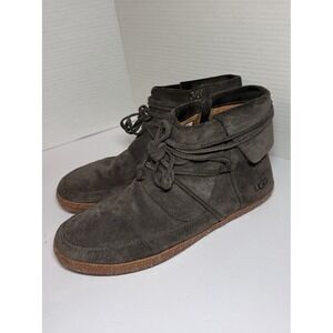 Ugg Reid Loafer Slate Gray Leather Suede Boots Ankle Ties Size 9.5 Women's